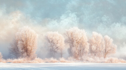 snowy farmland under blue sky with white fluffy clouds and road side trees, A serene winter landscape featuring a frosted tree and frozen surface, trees and cloud cover on a sunny winter day.