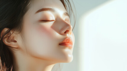 Fototapete - 若くてかわいいアジア人女性モデルの横顔に日差しが当たって輝いている。美肌にフォーカスした美容ポートレート。