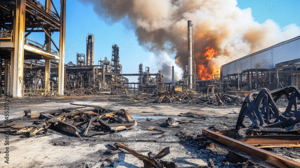aftermath of refinery fire shows charred remains and smoke rising ...