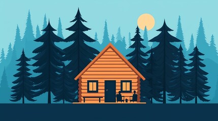 Wall Mural - A cozy wooden cabin nestled among tall trees under a bright sun, showcasing a serene forest landscape.