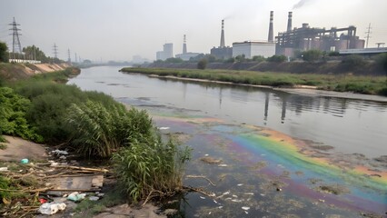 Wall Mural - Pollution crisis in urban river industrial area environmental photo overcast awareness campaign