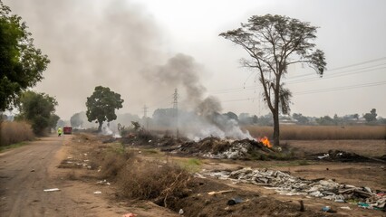 Wall Mural - Pollution crisis at waste dump site rural area environmental impact smoke-filled landscape ground level view urgent awareness