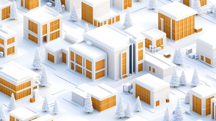 Fototapete - A winter-themed, stylized cityscape featuring white snowy terrain, modern buildings, and pine trees, creating a serene and picturesque environment