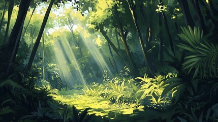 A serene forest scene with sunlight streaming through the canopy of tall, green trees, illuminating the natural textures of the forest floor below 