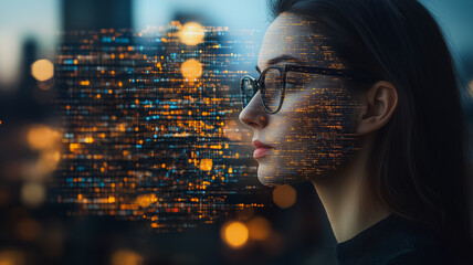 Wall Mural - a woman with glasses looking at a computer screen with a blurry face