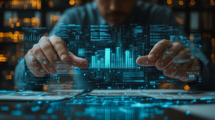 Wall Mural - a man is holding a screen with a city on it