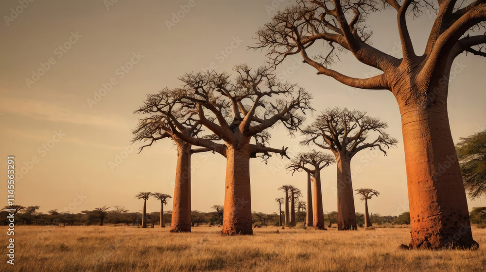 Stunning landscape with a line of majestic baobab trees silhouetted ...