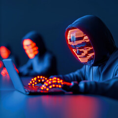 Scammer crime online concept. AI-driven scam operation with glowing holographic faces and robotic arms typing at blazing speed, digital chaos filling the sleek dark room