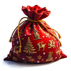 Beautifully embroidered red gift bag with holiday motifs for a joyful celebration, photography of still life concept.