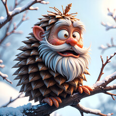 Canvas Print - Whimsical winter hedgehog with pinecone accessories in a snowy wonderland, 3d rendering of character design concept.