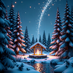 Wall Mural - enchanting winter scene with a sparkling well and snow covered pine trees under a starry sky, digita