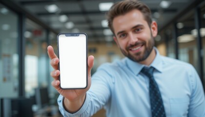 A cell phone with a white screen is shown by a man in a white and blue office suit