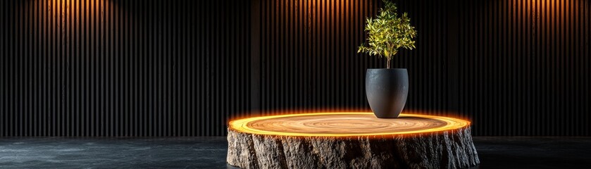 Wall Mural - A modern interior featuring a round wooden table with a glowing edge, topped with a stylish black vase and a small plant against dark textured walls.