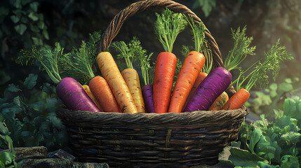 A variety of carrots in a rustic basket, arranged artistically, with natural light highlighting their colors and textures. Heirloom. Illustration