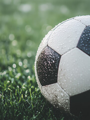 Soccer ball with droplets on green grass