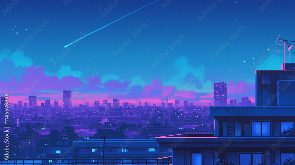 70年代、80年代のシティポップを意識した都市の夜景のアニメ風イラスト