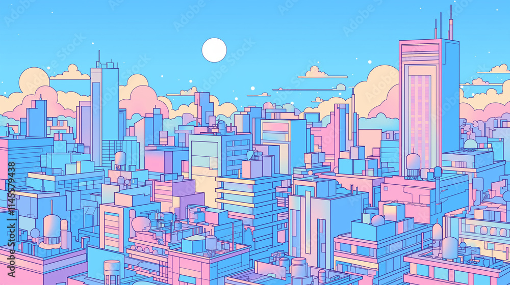 アニメ風景画 都市の夜景 70年代、80年代のシティポップを意識した都市の夜景のアニメ風イラスト