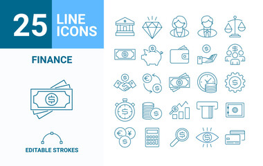 Vector finance editable stroke line icon set with money, bank, check, law, auction, exchance, payment, wallet, deposit, piggy, calculator, web and more isolated outline thin symbol