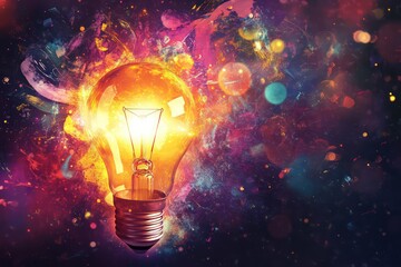 Wall Mural - a close-up of a bright light bulb shining brightly, with abstract symbols and creative elements radi