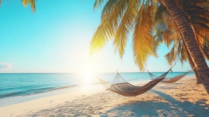 Peaceful Tropical Beach with Hammocks for Relaxation and Serenity