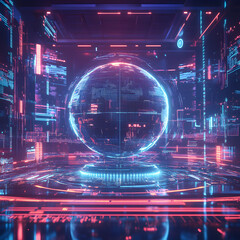 Wall Mural - A futuristic cityscape with a glowing sphere in the center. The sphere is surrounded by a network of glowing lines and shapes, creating a sense of movement and energy. Scene is one of excitement