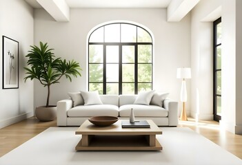 Wall Mural - A modern, minimalist living room with a large arched window , white sofas , and a wooden coffee table . The room has a clean, airy feel with natural light streaming in.