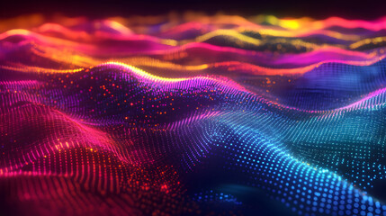 A colorful, abstract image of a wave with dots of different colors. Concept of movement and energy, as if the wave is constantly changing and evolving. The use of bright colors