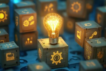 Wall Mural - a close-up of a glowing light bulb surrounded by wooden cubes with icons of gears, graphs, and light