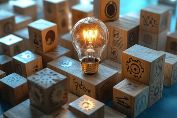 Wall Mural - a close-up of a glowing light bulb surrounded by wooden cubes with icons of gears, graphs, and light