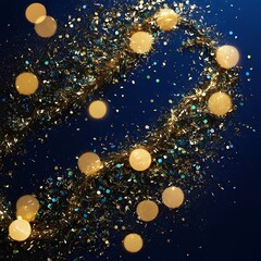 vibrant abstract dark blue background speckled with iridescent gold particles, swirling together in 