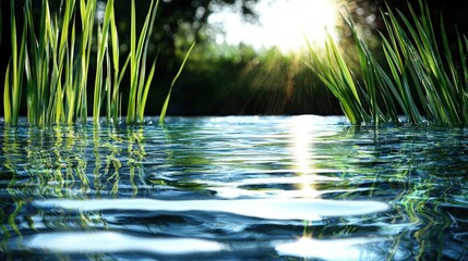 Canvas Print - Sunlit river water with reeds.