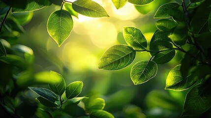Poster - Macro natural idea. A close-up view of vibrant green leaves illuminated by soft sunlight.