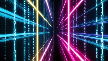 Futuristic Digital Data Stream with Neon Lights and Binary Code