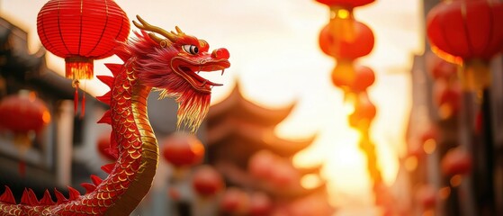 Wall Mural - Dragon dance and celebrating chinese new year heritage concept. Vibrant dragon statue adorned with red lanterns celebrating a festive atmosphere at sunset.