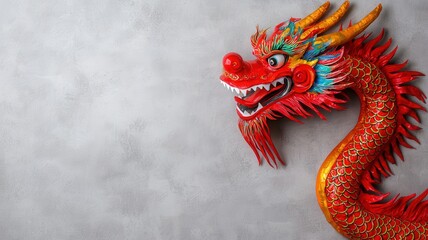 Wall Mural - Dragon dance and celebrating chinese new year heritage concept. Colorful Asian dragon sculpture against a textured background.