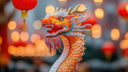 Wall Mural - Dragon dance and celebrating chinese new year heritage concept. Colorful dragon statue with lanterns in the background, symbolizing celebration and culture.