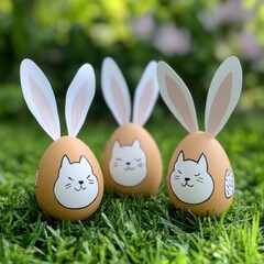 Three Easter eggs decorated as bunny cats on grass.