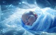 © Dai - A peaceful baby wrapped in a shimmering blanket under soft magical light, isolated on a pastel blue background, elegant and vibrant