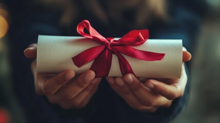 A rolled parchment tied with a red ribbon, held in hands, symbolizes a gift or special message, creating an intimate and festive atmosphere.