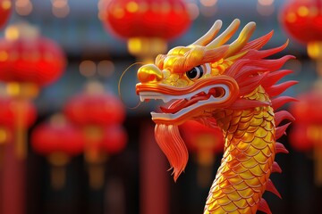 Wall Mural - Dragon dance and celebrating chinese new year heritage concept. Vibrant dragon sculpture with red lanterns in the background, symbolizing Chinese culture.