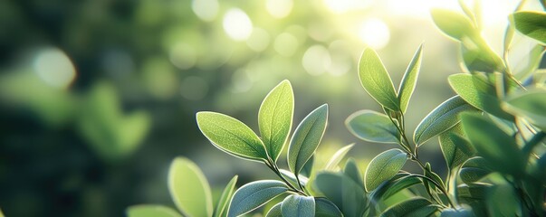 Poster - Micro foliage idea. Close-up of vibrant green leaves with soft sunlight creating a tranquil atmosphere.