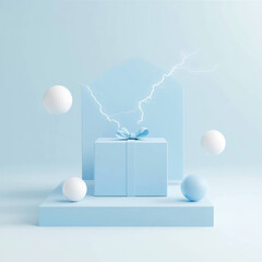 Poster - blue gift box on platform with three energy orbs and lightning, minimalist design evokes excitement