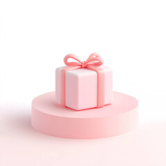 Leinwandbilder - pink gift box with ribbon sits on circular platform against white background, showcasing minimalist design