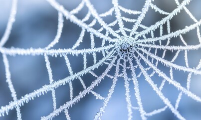 Frozen spiderweb with ice crystals close-up.
