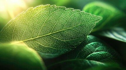 Poster - Micro foliage idea. Close-up of vibrant green leaves illuminated by soft sunlight, showcasing nature's beauty.