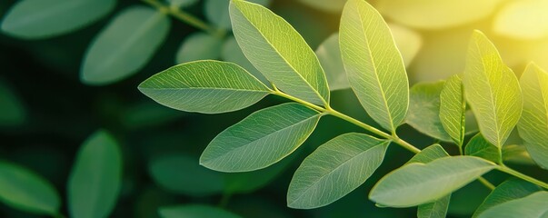Poster - Micro foliage idea. Close-up of vibrant green leaves illuminated by sunlight, showcasing nature's beauty.