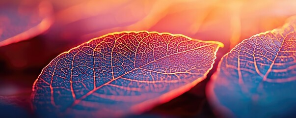 Poster - Micro foliage idea. Close-up of vibrant leaves showcasing intricate textures and warm lighting.