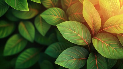 Poster - Micro foliage idea. Close-up of vibrant green leaves with reflections of sunlight on a serene background.