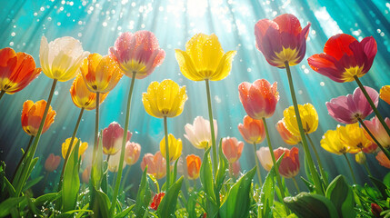 Dreamy Tulip Garden: Tranquil Colorful Nature Scene, Gardening Background or Wallpaper, Lush and Beautiful 