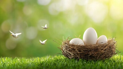 Final egg in a nest amongst hatching chicks natural setting wildlife photography springtime landscape close-up view bird nesting behavior